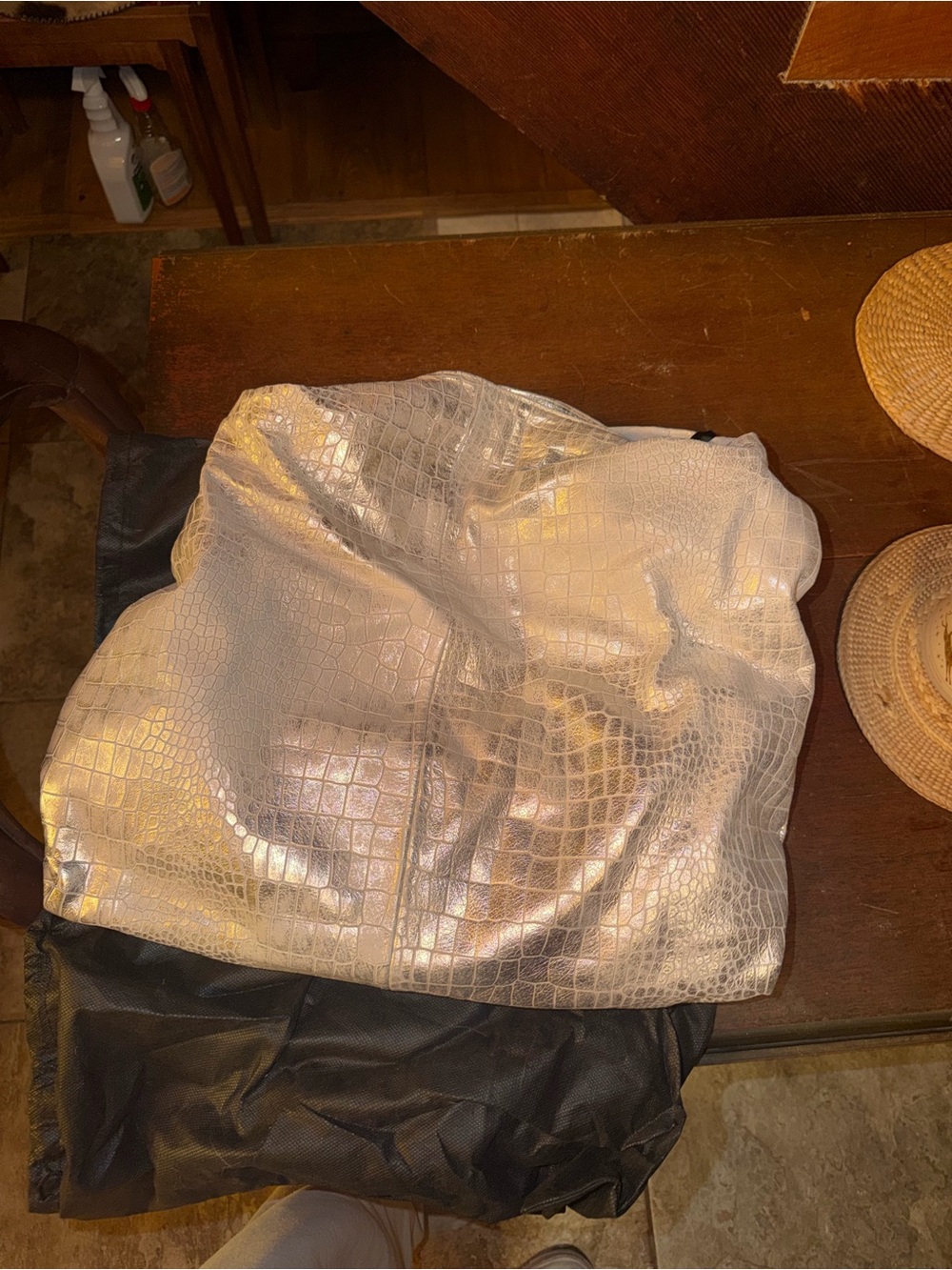 Metallic Croc-Embossed Tote Bag in Silver